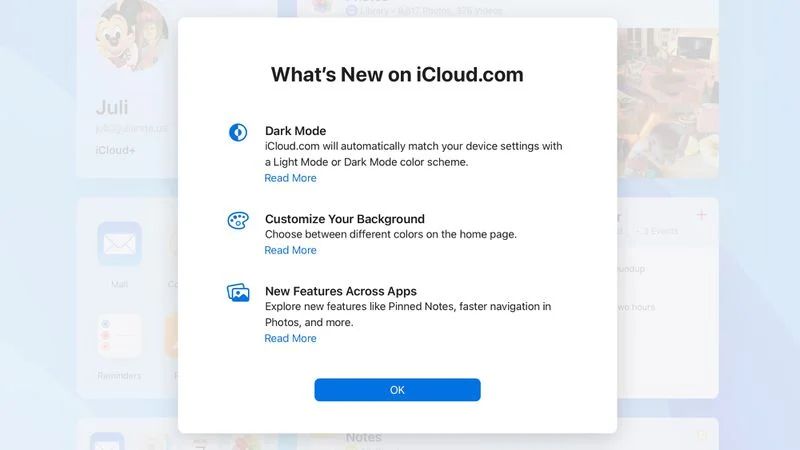 苹果 iCloud.com 新面貌：引入深色模式、定制背景、重新设计日历应用